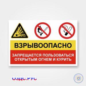 Комбинированный знак «Взрывоопасно. Запрещается пользоваться открытым огнем и курить. Запрещается курить».