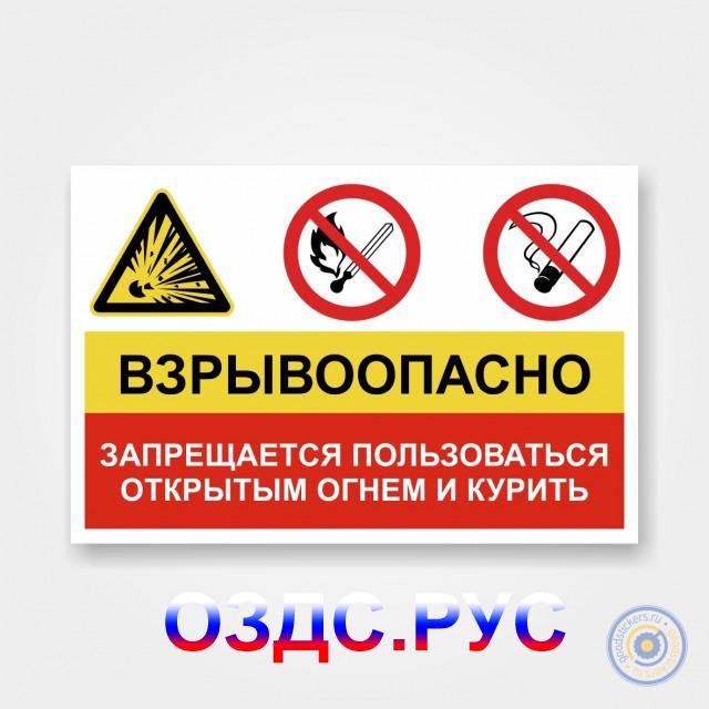 Комбинированный знак «Взрывоопасно. Запрещается пользоваться открытым огнем и курить. Запрещается курить».