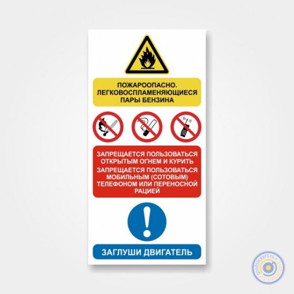 Комбинированный знак для АЗС «Пожароопасно. Запрещается пользоваться открытым огнем и курить. Заглуши двигатель»