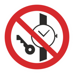 Знак "Запрещается иметь при (на) себе металлические предметы (часы и т.п.)" (P 27)